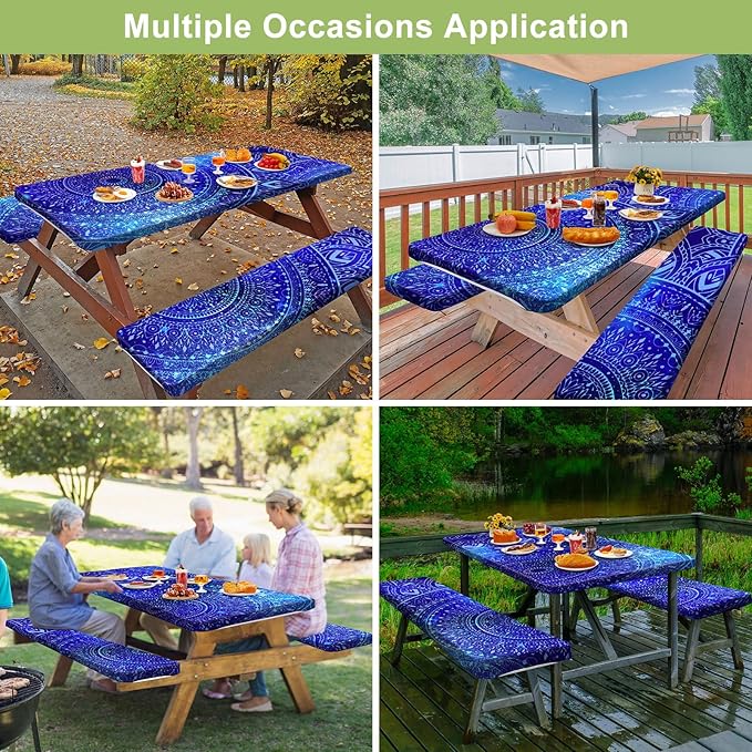 Picnic Table Cover with Bench Covers Camping Essentials Waterproof Windproof Camping Tablecloth with Drawstring Bag, Fitted Rectangle Tables and Seats, 72in, Blue Purple