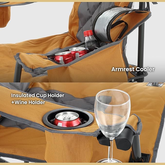 ARROWHEAD OUTDOOR Portable Folding Camping Quad Chair w/ 6-Can Cooler, Cup & Wine Glass Holders, Heavy-Duty Carrying Bag, Padded Armrests, Headrest & Seat, Supports up to 550lbs, USA-Based Support