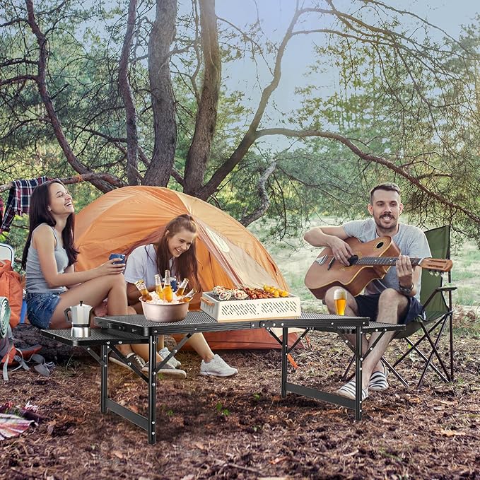 Grill Table 3FT+1.4 FT Folding Table with 2 Wing Panels with Mesh Desktop 2 Height Adjustable Portable Grill for Outdoor Indoor Beach BBQ Picnic Travel RV Black