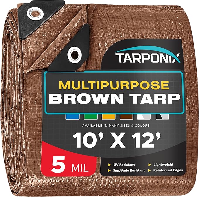 Brown Poly Tarp 10’ x 12’ – Lightweight 5 Mil Waterproof Cover – Durable, Weatherproof, Multipurpose Protection for Camping, Roofing, Construction