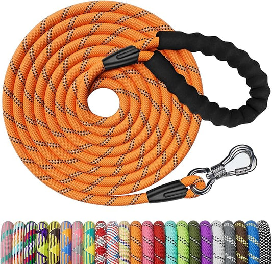 NTR Heavy Duty Dog Leash, 15FT Training with Swivel Lockable Hook, Padded Handle and Highly Reflective Threads, Lead for Walking, Hunting, Camping, Backyard Small Medium Large, Orange
