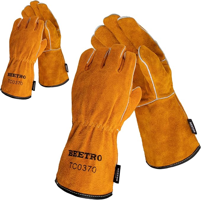 BEETRO Welding Gloves 2 Pairs Cow Leather Forge/Mig/Stick/Tig Welder Heat/Fire Resistant, Mitts for Oven/Grill/Fireplace/Furnace/Stove/Pot Holder/Wood Burner/Animal handling glove with Soft Lining
