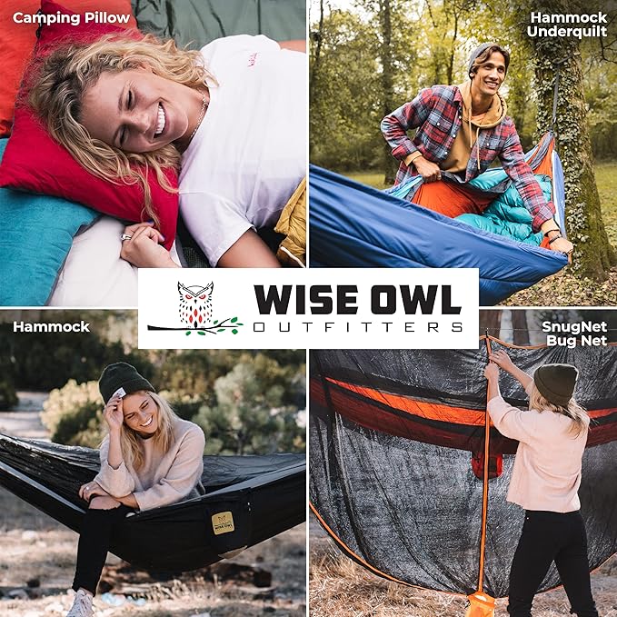 Wise Owl Outfitters Camping Hammock – 500lbs Portable Hammock with Tree Straps - Travel, Backpacking, Hiking, Outdoors Camping Gear - Single or Double