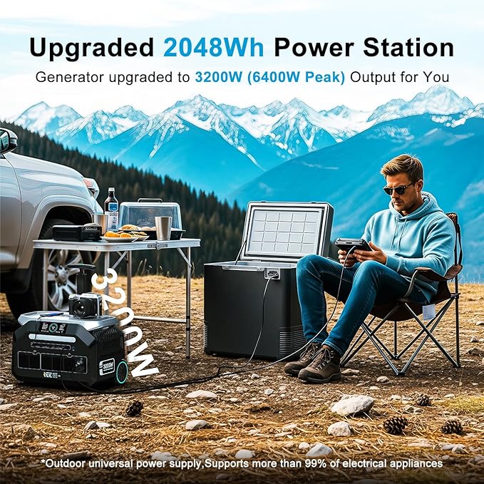 IEE 3200W Portable Power Station P3200 with 3x200W Solar Panel, 2048Wh Solar Generator, 1800W AC Charging, AC Outlets x 4, LiFePO4 Battery Power Station for Home Backup, Camping, RV, Emergency