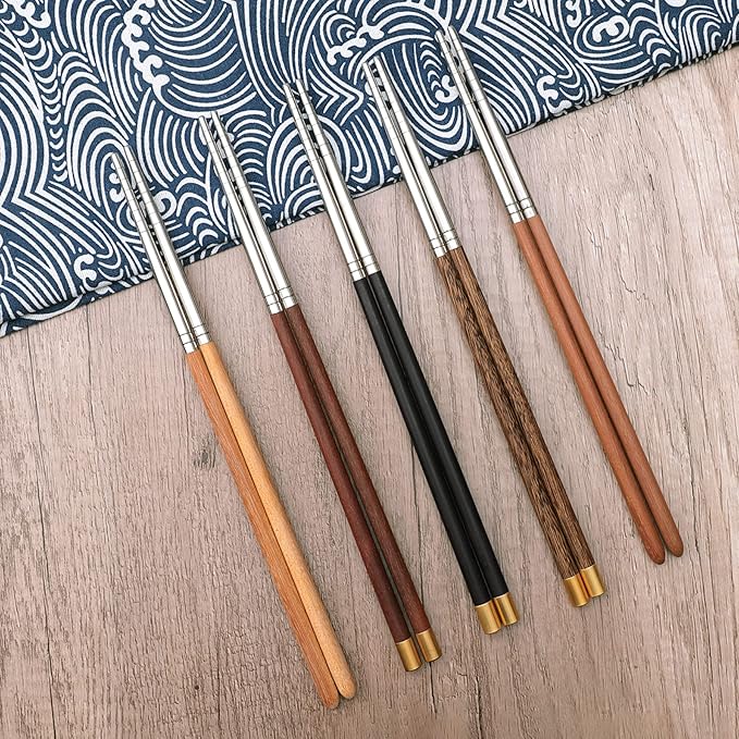 5 Pairs Reusable Chopsticks Wooden Splicing Stainless Steel Chop Sticks, Metal Chopsticks Lengthen Japanese Korean Chopstick 9.8 Inch/25cm Gift Set