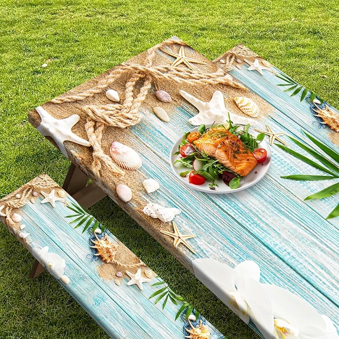 Picnic Table Cover with Bench Covers Elastic Edges, Ocean Fitted Table Cover, Outdoor Patio Camping Essentials 60 Inch 3PCS, Waterproof Camping Fitted Tablecloth with Drawstring Bag
