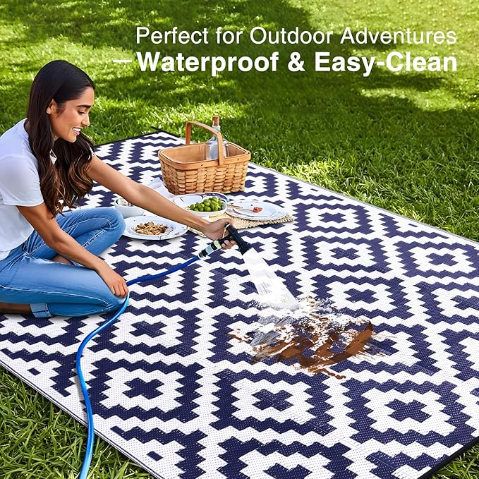 OLANLY Waterproof Outdoor Rug 10x14 ft, Outdoor Plastic Straw Rug for Camping, RV Mat Outside, Indoor Outdoor Carpet for Porch, Deck, Backyard, Balcony, Picnic, Navy & White