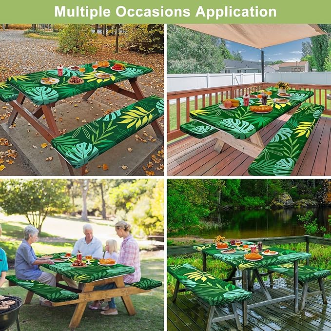 Picnic Table Cover with Bench Covers Camping Essentials Waterproof Windproof Camping Tablecloth with Drawstring Bag, Fitted Rectangle Tables and Seats, 60in, Dark Green