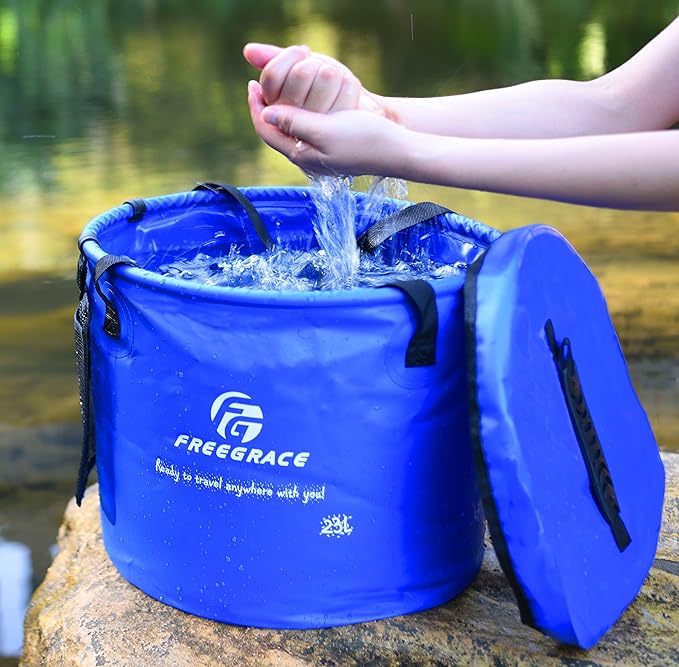 Premium Collapsible Bucket by Freegrace - Compact Portable Folding Water Container - Lightweight & Durable - Includes Handy Tool Mesh Pocket