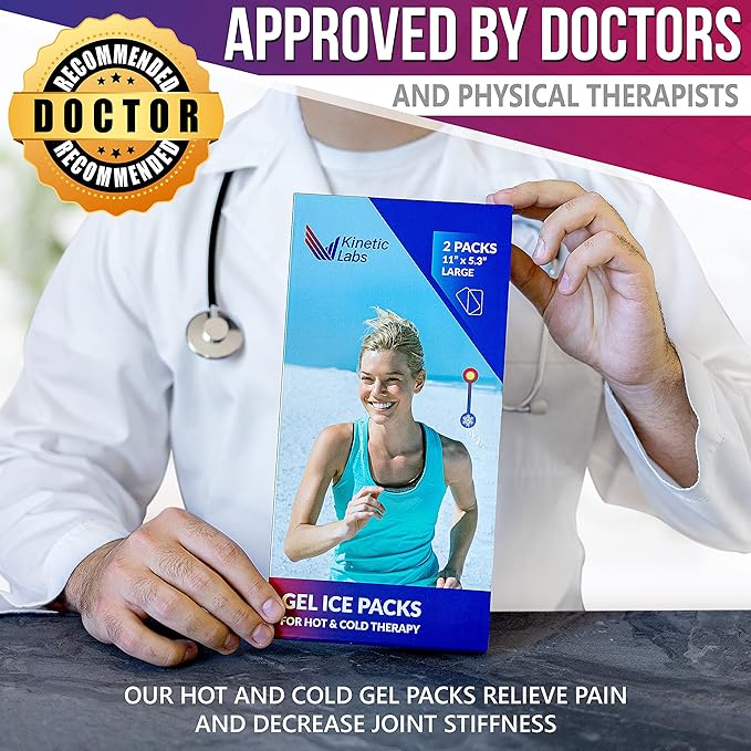 Reusable Gel Ice Packs for Injuries by Kinetic Labs (2 Pack) - Hot Cold Packs for Injuries 11" x 5.3" - Flexible Ice Packs for Back Head Knee Shoulder Neck Ankle Elbow Feet Headaches Surgery (Large)