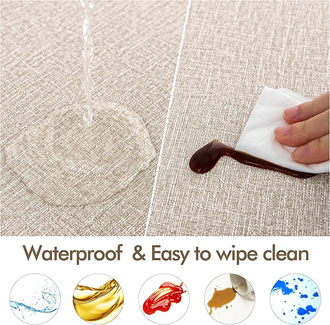 Fitable 2 Pack Faux Linen Round Table Cover with Flannel Backing, Vinyl Fitted Elastic Tablecloth Waterproof Table Cloth for Picnic, Party, Indoor Dining, Nature (Fit for 45"-56" Round Tables)