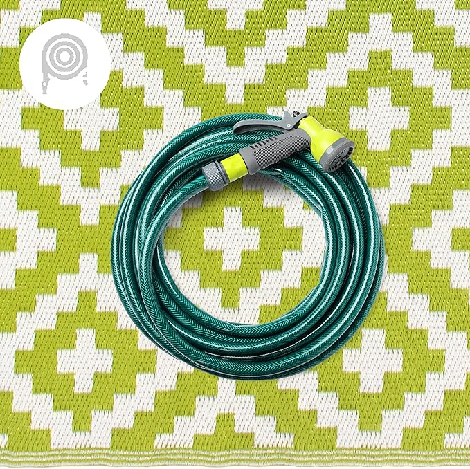 FH Home Outdoor Rug - Waterproof, Fade Resistant, Reversible - Premium Recycled Plastic - Geometric - Patio, Porch, Deck, Balcony - Aztec - Green & White Crease Free - 5 x 8 ft