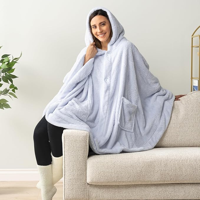PAVILIA Angel Wrap Hooded Blanket Poncho, Wearable Blanket Throw Wrap Poncho for Women Adult, Cozy Fluffy Sherpa Fleece Shawl Cape with Hood pockets, Warm Gift for Mom Wife, Light Blue