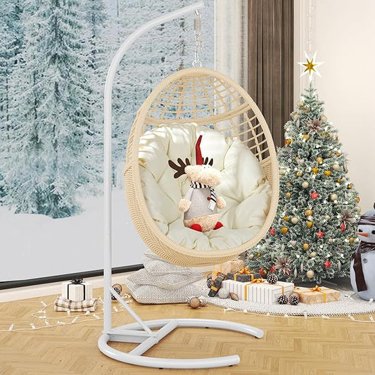 TWT Hanging Egg Chair with Stand, 330lbs Capacity Patio Wicker Egg Swing Chair with UV Resistant Cushion for Bedroom Garden Indoor Outdoor (Beige)
