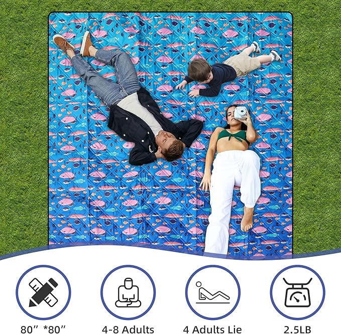 Outdoor Picnic Blanket Blue Ocean 80"x80" Oversize Sandproof Beach Blanket Waterproof Picnic Blankets Foldable for Caming, Beach, Outdoor Activities.