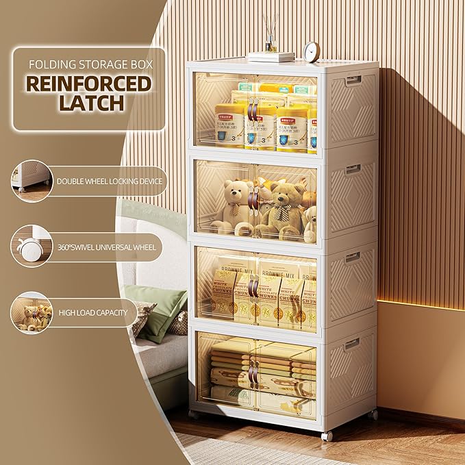 416 QT / 104 Gal Stackable Collapsible Storage Bins with Magnetic Doors & Wheels - Space-Saving Plastic Organizer Cabinet for Closet, Office, Home (White)