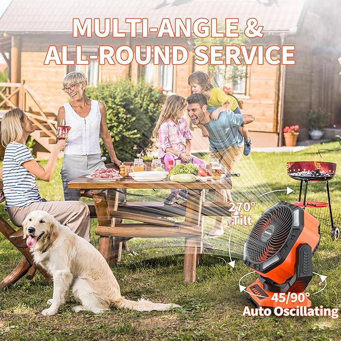 MORECORE 40000mAh Battery Operated Camping Fan with Light, 120HRS Running, Powerful 4 Speeds & Auto Oscillating, with Timer & Hook, for Travel Tent RV Emergency Hurricane Jobsite Garage-Orange