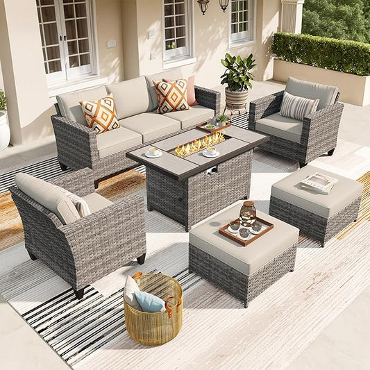 ovios 6 Pieces Patio Furniture Set with 42" Fire Pit Table, Outdoor Wicker Sofa with Comfy Cushions, All Weather High Back Rattan Couch Conversation Set, Beige