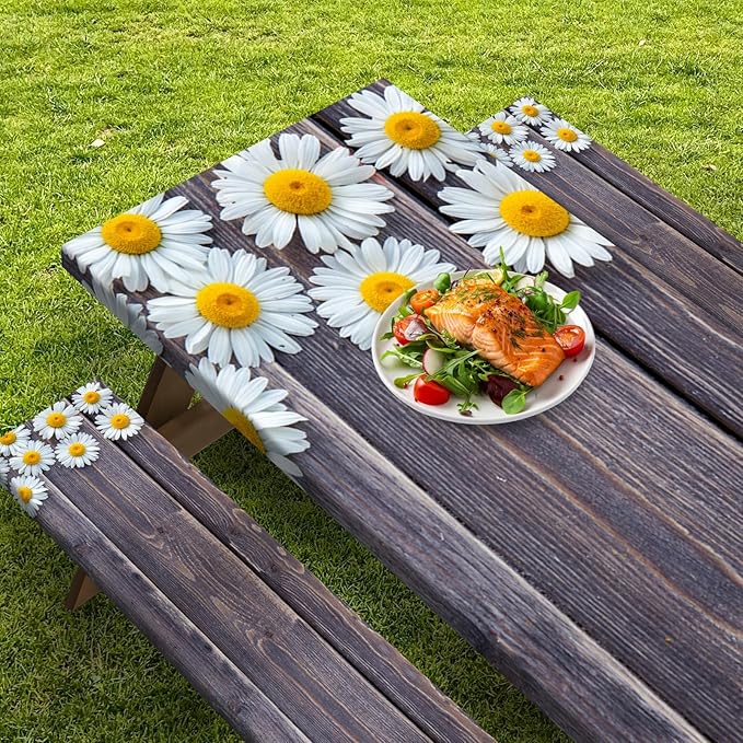 Picnic Table Cover with Bench Covers Elastic Edges, Chamomile Flower Fitted Table Cover, Outdoor Patio Camping Essentials 96 Inch 3PCS, Waterproof Camping Fitted Tablecloth with Drawstring Bag