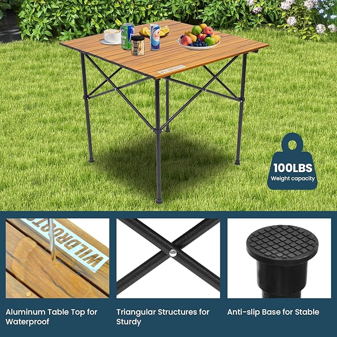 WILDROOTS Folding Camping Wood Grain Brown Table with Carry Bag, Lightweight Aluminum Table for Outdoor, Camping, Picnic, Cooking, Backyards, BBQ (L)