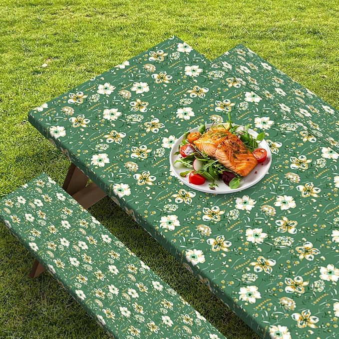 Picnic Table Cover with Bench Covers Elastic Edges, Green Flower Fitted Table Cover, Outdoor Patio Camping Essentials 72 Inch 3PCS, Waterproof Camping Fitted Tablecloth with Drawstring Bag