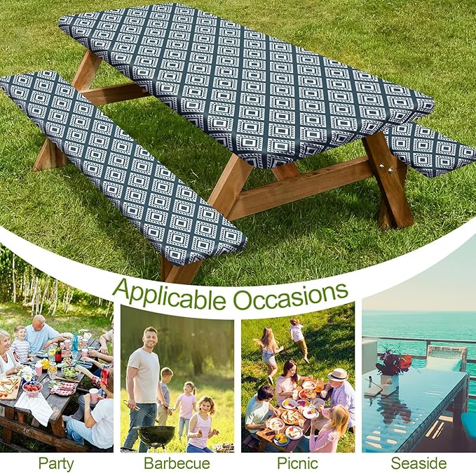 Picnic Table Cover with Bench Covers Camping Essentials Waterproof Windproof Camping Tablecloth with Drawstring Bag, Fitted Rectangle Tables and Seats, 72in, Blue Green Plaid