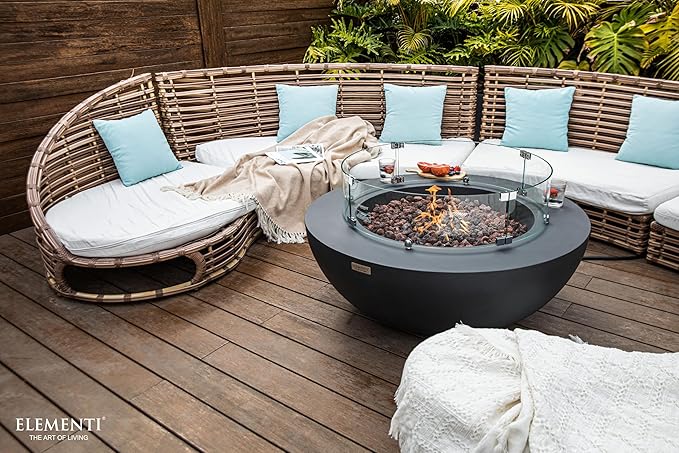Elementi | Bundle Lunar Gas Fire Pit Cast Concrete 42" Round Fire Table, Outdoor Fire Pit Electronic Ignition | Canvas Cover, Lava Rock Included | Dark Gray (Natural Gas)