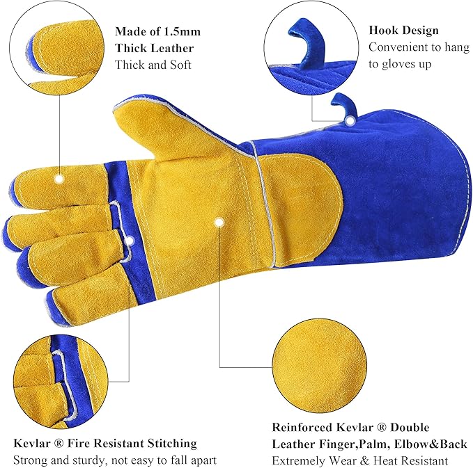 Welding Gloves Fire Heat Resistant: Blue 16IN 932℉ - Fireproof Leather For Stick Mig Flux-Core Welder Forge Blacksmith Fireplace Wood Stove Fire Pit Grill Oven Furnace Handling Dry Ice - Birthday Gift