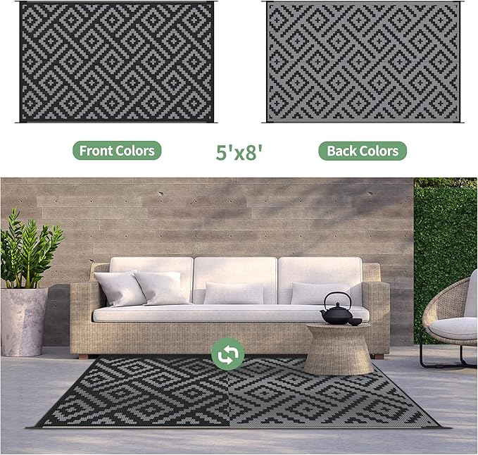 GENIMO Outdoor Rug for Patio Clearance,5'x8' Waterproof Mat,Reversible Plastic Camping Rugs,Rv,Porch,Deck,Camper,Balcony,Backyard,Black & Gray
