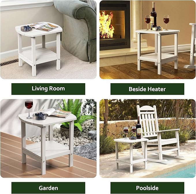TORVA Patio Adirondack Side Table, Outdoor End Tables All-Weather Resistant HDPE Humidity-Proof Long Time Use for Deck, Lawn,Garden, Porch, Backyard End Table（White Color）(2 Tier)