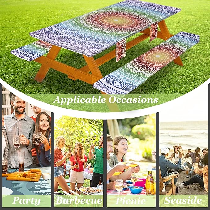 Picnic Table Cover with Bench Covers Vinyl Elastic Edges Fitted Rectangle Seat Tables Waterproof 3-Piece72X30in Set Outdoor Rectangular Folding Backing Tablecloth for Camping Over SizeTie-Dye103