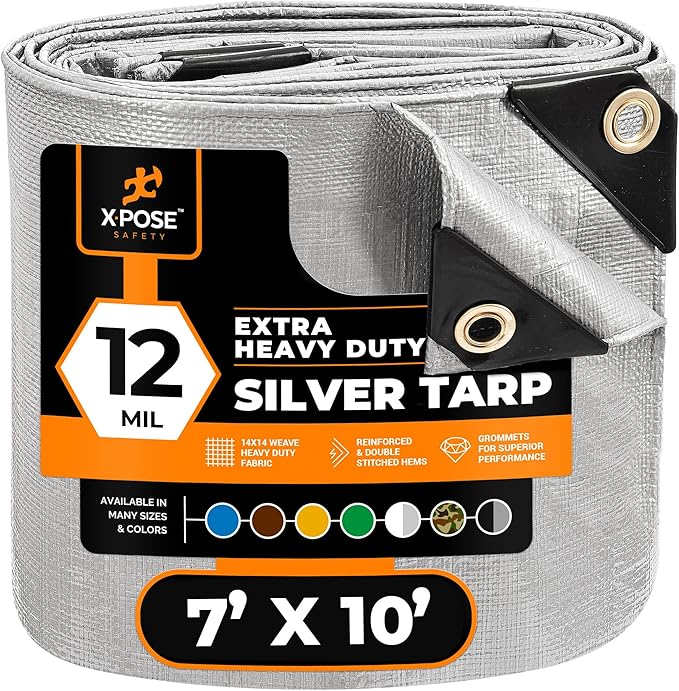 Heavy Duty Silver Poly Tarp 7' X 10' - Multipurpose Protective Cover - Durable, Waterproof, Weather Proof, Rip and Tear Resistant - Extra Thick 12 Mil Polyethylene - by Xpose Safety