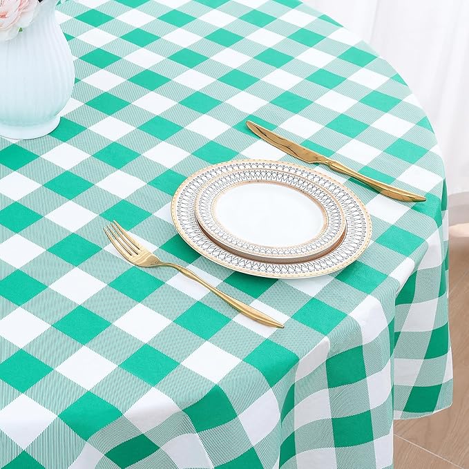 misaya 2 Pack Waterproof Vinyl Table Cloth, Buffalo Flannel Backed Tablecloth, Wipeable Plastic Table Cover for Dinner, Kitchen, Outdoor (60", Green & White)