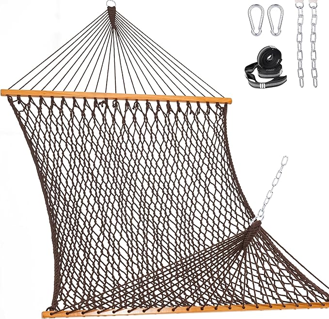 Lazy Daze Hammocks Double Rope Hammock, 2 Person Traditional Outdoor Hand Woven Cotton Rope Hammock with Spreader Bar, Chains, Tree Straps for Patio Yard - Max 450 Lbs, Dark Brown