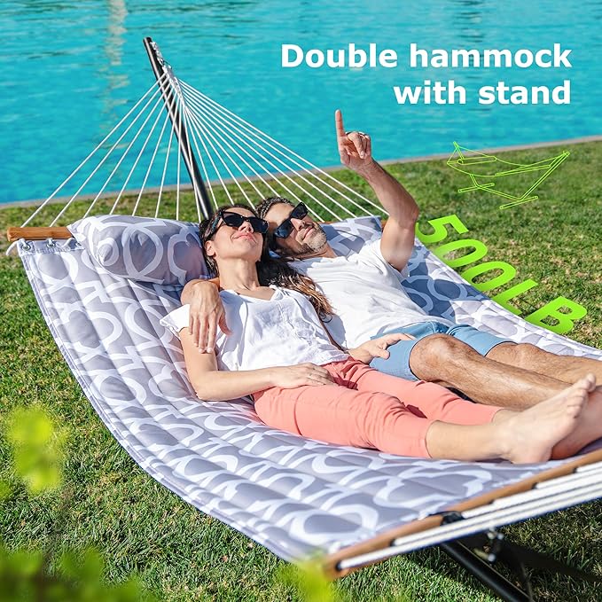 Double Hammock with Stand for Outdoor, Heavy Duty Portable Hammock with Adjustable Steel Stand for Patio, Garden, Beach, Backyard - Includes Carrying Bag,White Grey