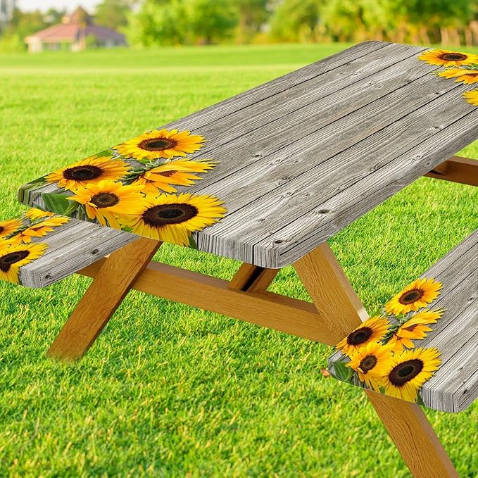 DYNH 3 Pcs Sunflower Wooden Picnic Table Cover with Bench Covers,Rustic Sunflower Waterproof Fitted Picnic Table Cloths Retro Wood Texture Elastic Outdoor Picnic Tablecloth for Camping Patio Travel