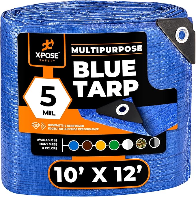 Better Blue Poly Tarp 10' x 12' - Multipurpose Protective Cover - Lightweight, Durable, Waterproof, Weather Proof - 5 Mil Thick Polyethylene - by Xpose Safety