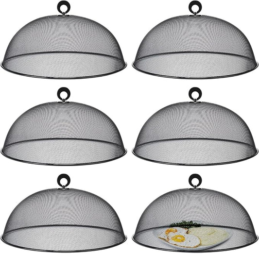 Gerrii 6 Pcs Metal Mesh Food Cover Outdoor Mesh Food Tents Dome Screen Plate Covers for Dinner Plates Reusable Fruit Fly Nets Picnic Food Umbrella for Table, BBQ, Camping, Party (Black,14 Inch)