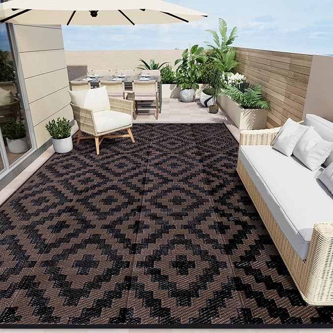 OLANLY Waterproof Outdoor Rug 10x14 ft, Outdoor Plastic Straw Rug for Camping, RV Mat Outside, Outdoor Carpet for Porch, Deck, Backyard, Balcony, Picnic, Black & Brown