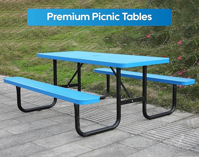 6FT Metal Picnic Tables for Outdoors, Commercial Rectangular Picnic Table and Bench Set for Outside, Patio, Garden, Backyard, Porch, Surface Mount, Blue