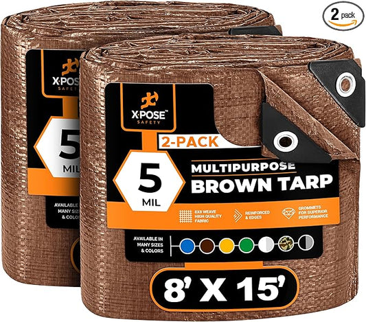 Multipurpose Protective Cover Brown Poly Tarp 8' x 15' (2-Pack) - Durable, Water Resistant, Weather Resistant - 5 Mil Thick Polyethylene - by Xpose Safety