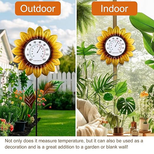 Sunflower Indoor Outdoor Thermometer - Large 35.8 * 12.6 Inch Wall & Stake Waterproof Decorative Easy-Read Outdoor Thermometers for Patio Garden Decor, No Require Batteries, Perfect Gifts