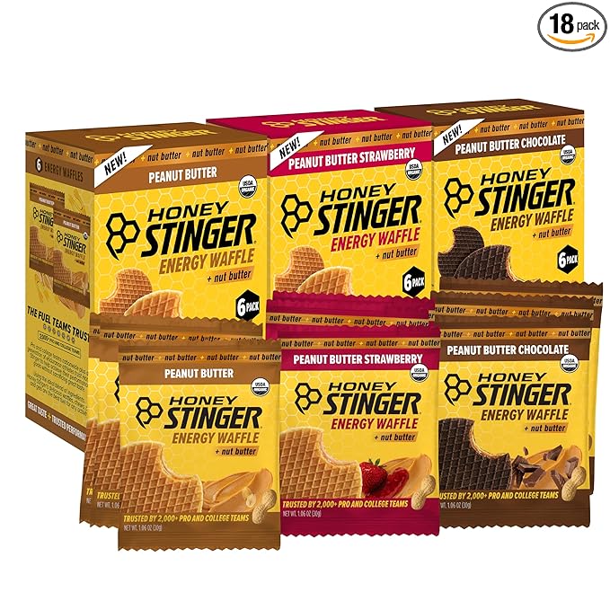Honey Stinger Organic Peanut Butter Energy Waffle Variety Pack, 6 Pack Each of Peanut Butter, PB Chocolate and PB Strawberry, Nutritious Stroopwafel Snack for Exercise, Endurance and Performance