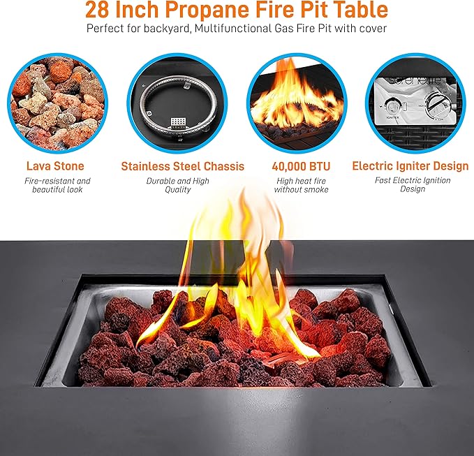 SereneLife Outdoor Propane Fire Pit Table - 40,000 BTU Square Gas Fire Table with Steel Top, Rattan-Style Panels, 6.6 lbs Lava Rock Set, Pulse Ignition for Patio & Backyard Heating, 28 x 28 x 24 in