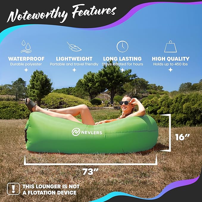 Nevlers Inflatable Lounger | 210T Polyester Inflatable Chair | No-Pump Blow Up Couch | Camping Couch Air Sofa Bed w/ 450 lbs. Cap., Pockets & Matching Bag | Use as Inflatable Couch for Adults & Kids