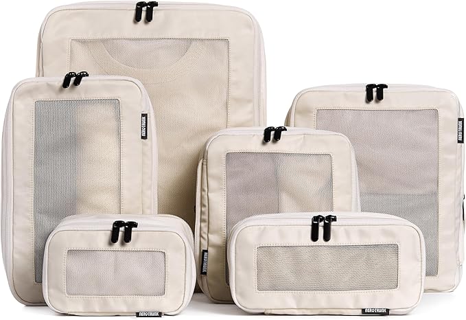 Compression Packing Cubes for Travel - Luggage Organizer Bags - Double Zipper Packing Cubes for Suitcases (6-Pack, Beige)