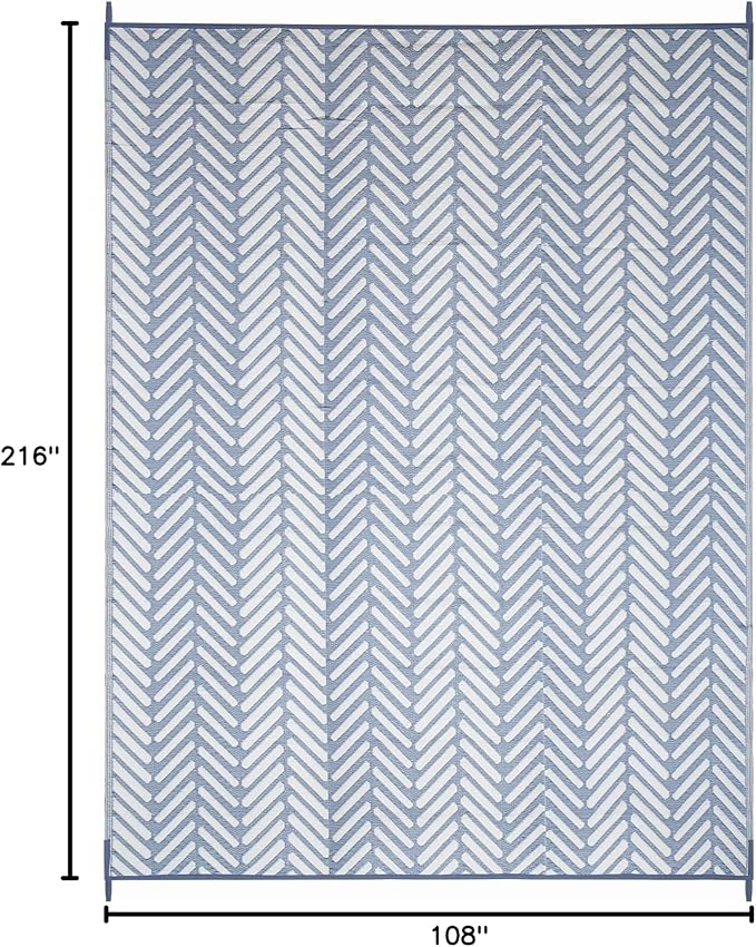 FH Home Outdoor Camping Rug - Waterproof, Fade Resistant, Reversible - Premium Recycled Plastic - Herringbone - Large Patio, Deck, Sunroom, RV - Fresno - Light Blue - 9 x 18 ft Foldable