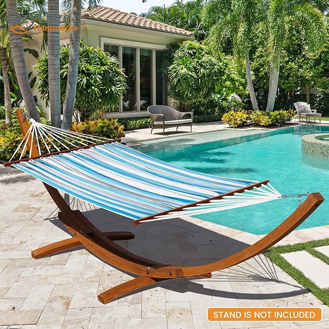 Lazy Daze Hammocks Cotton Fabric Spreader Bar Hammock, Outdoor Portable Hammock with Carrying Bag & Tree Straps for Bedroom, Patio, Backyard, Balcony, Max 450lbs Capacity, Blue & White
