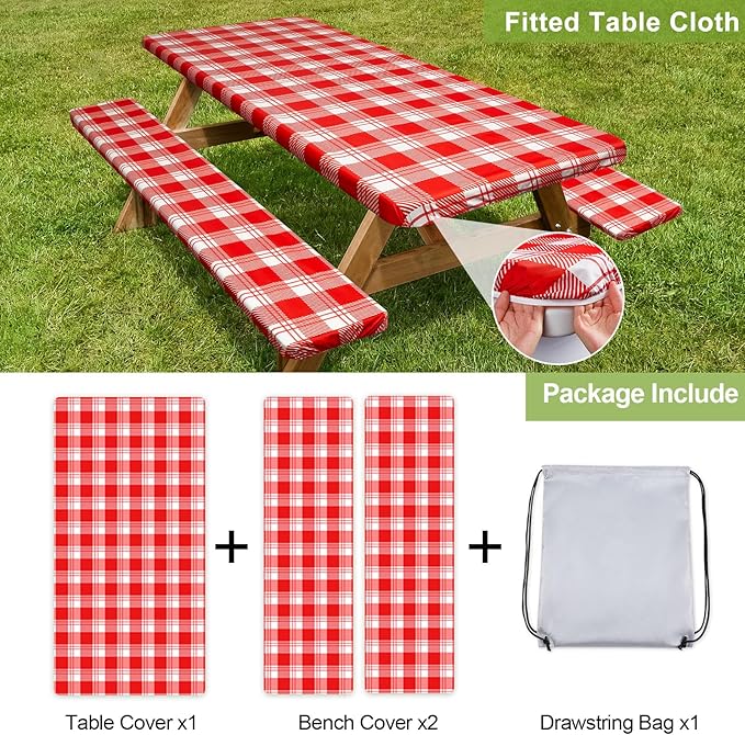 Picnic Table Cover with Bench Covers Camping Essentials Waterproof Windproof Camping Tablecloth with Drawstring Bag, Fitted Rectangle Tables and Seats, 72in, Red Checkered