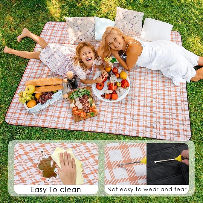 Picnic Blanket 80''x80'' Extra Large Outdoor Blanket, Waterproof, Sandproof, Machine Washable, Tear Resistant, Foldable Picnic Mat for Camping, Grass, Park, Travel, Beach – Orange